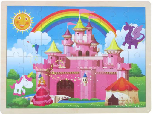 Children's puzzle with a pink castle, rainbow, and unicorns on a blue background