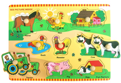 wooden peg puzzle with farm animals