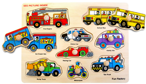 Wooden puzzle with colorful illustrations of various vehicles on a white background.