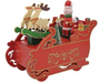 Red sleigh with Santa Claus, reindeer, and gifts on a white background