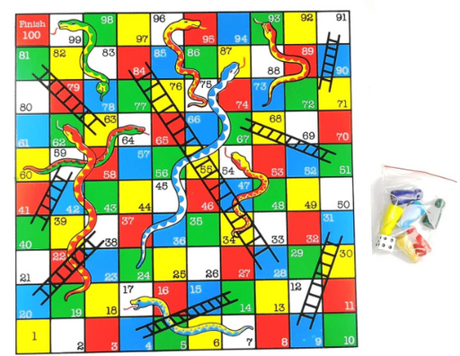 Snakes and Ladders game board with dice and pointers on a white background
