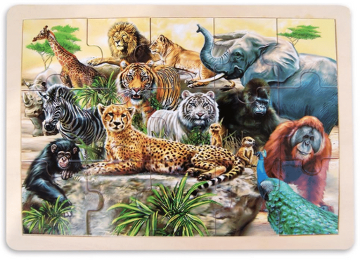Jigsaw puzzle with images of various animals on a wooden base