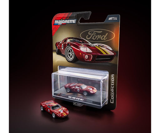 Red Ford model car in packaging with 'Ford' and 'Majorene' branding on a dark background