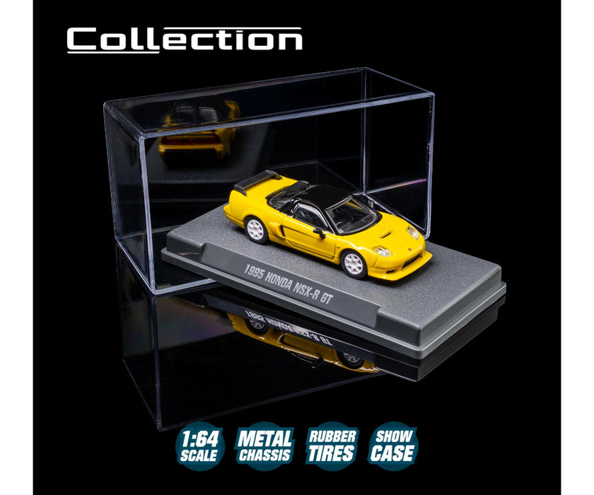 Yellow model car in a clear display case with branding and product details.