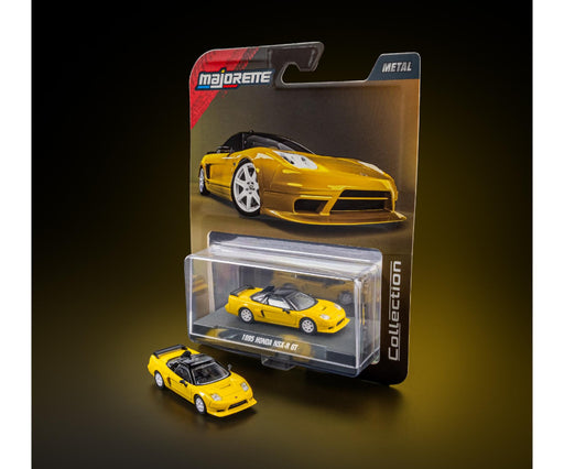Yellow car model with packaging featuring 'majorette' branding on a dark background