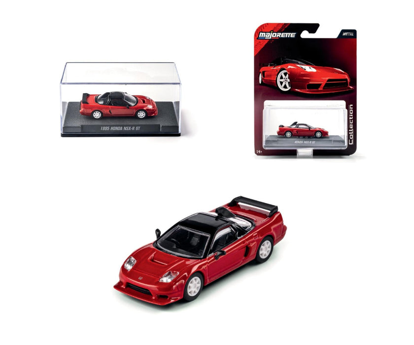 Red car model with packaging and display case on a white background