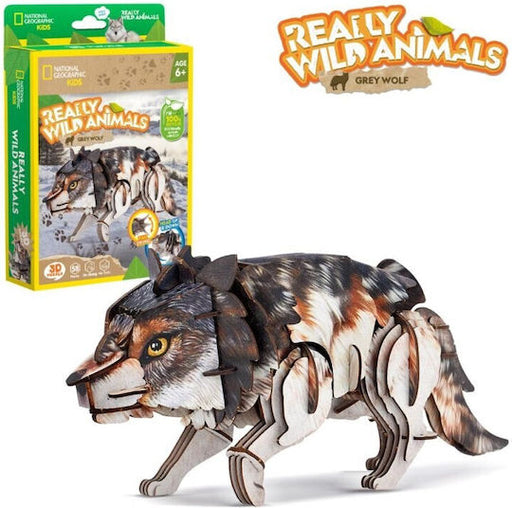 Toy grey wolf model with 'Really Wild Animals' packaging in the background