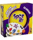 Spot It! game box with colorful dice on a yellow background