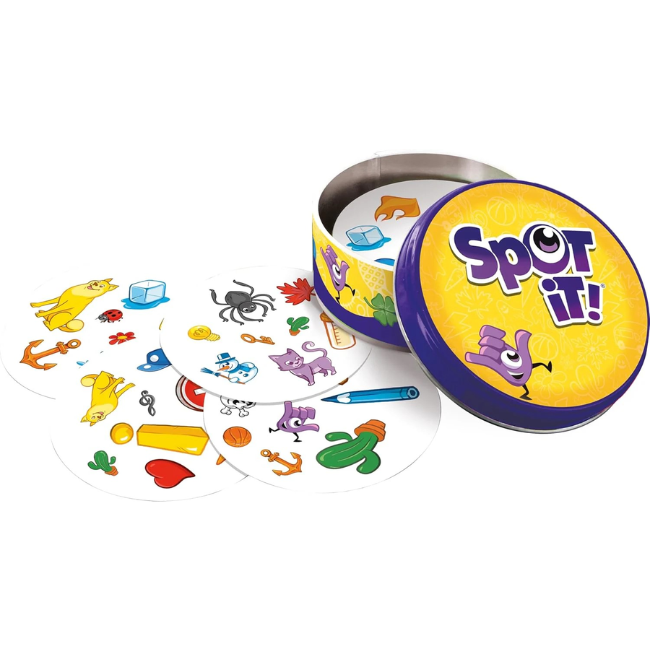 Open tin of 'Spot It!' game with colorful cards and logo on a white background