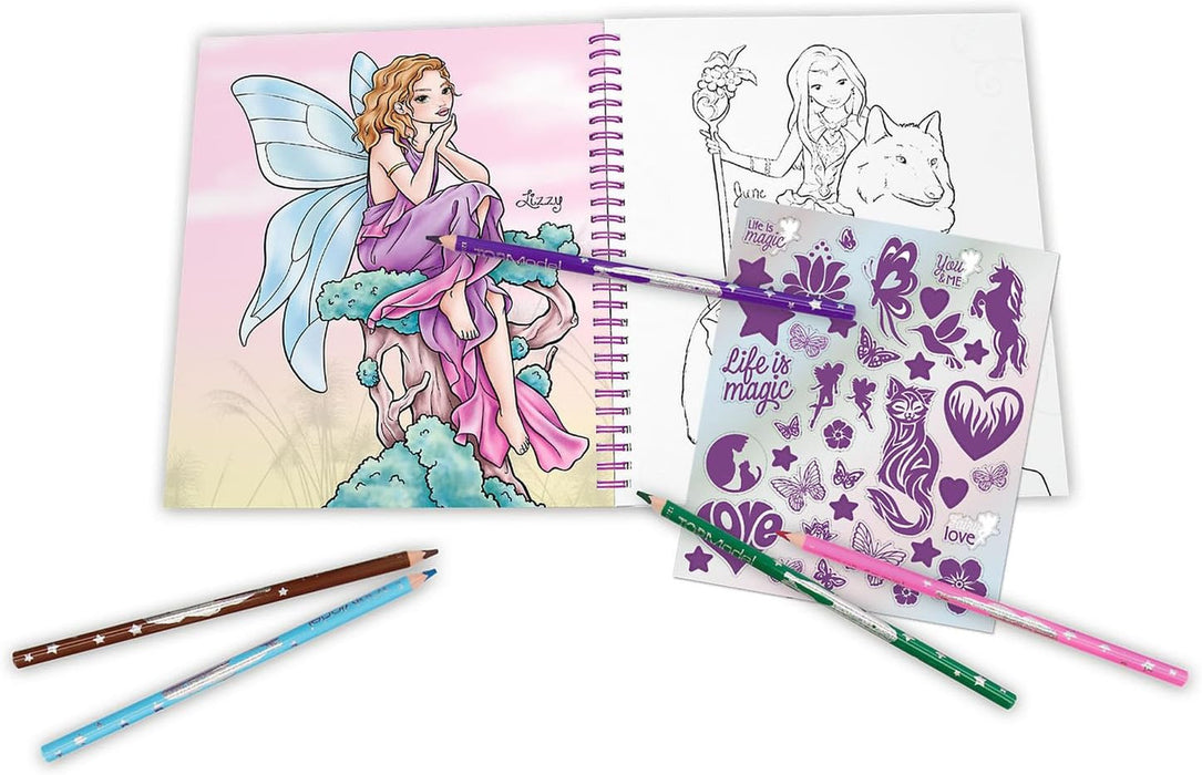 Coloring book with fairy illustration, pencils, and stickers on a white background