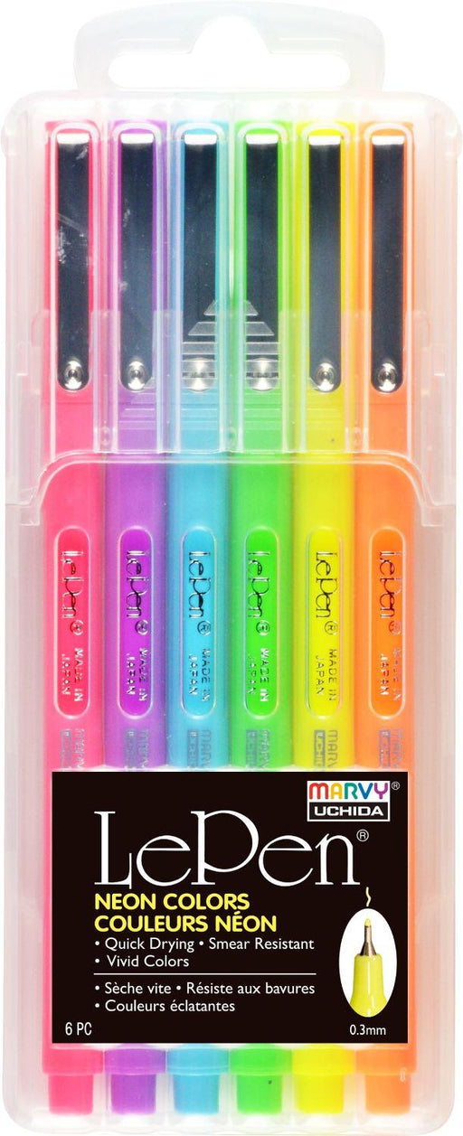 Marvy Le Pen Set with 6 neon colours used for scrapbooking and drawing.